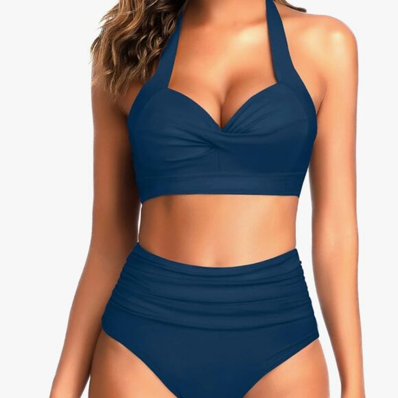 Tempt Me Other - Tempt Me  Two Piece Vintage Swimsuit Retro Halter Ruched High Waist Bikini XL
